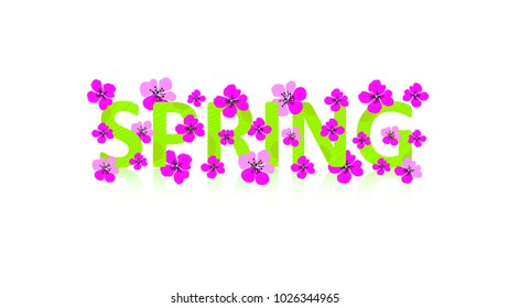 Bright sign. Green text "SPRING" and pink flowers. Cute vector seasonal illustration. Design floral concept can be used for poster, banner, t-shirt print, card, promotion flyer, backdrop, wallpaper