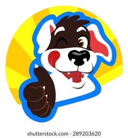 Bright sign with happy cartoon dog gesturing thumbs up. 