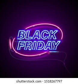 Bright signage. Neon Black Friday signboard. Retro neon sign on dark background with text Black Friday. Ready for your design, banner, advertising, business. Vector illustration.