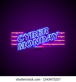 Bright signage. Neon Cyber Monday signboard. Retro neon sign on dark background with text Cyber Monday. Ready for your design, banner, advertising, business. Vector illustration.