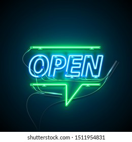 Señal brillante. Cartel Neon Open. Signo de neón retro sobre fondo azul con texto Abrir, la entrada está disponible. Listo para su diseño, banner, publicidad, negocio. Ilustración vectorial.