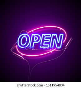 Bright signage. Neon Open signboard. Retro neon sign on blue background with text Open, entrance is available. Ready for your design, banner, advertising, business. Vector illustration.