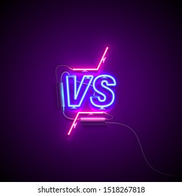 Bright signage. Neon Versus signboard. Retro neon sign on dark background with text VS. Ready for your design, banner, advertising, comparison. Vector illustration.