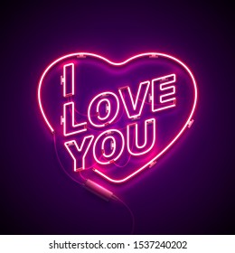 Bright Signboard with heart. Neon sign. Retro neon I Love You sign on purple background. Design element for Happy Valentine's Day. Ready for your design, greeting card, banner. Vector illustration.