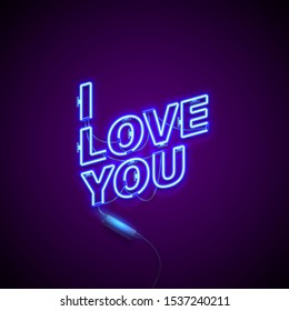 Bright Signboard with word. Neon sign. Retro neon I Love You sign on purple background. Design element for Happy Valentine's Day. Ready for your design, greeting card, banner. Vector illustration.