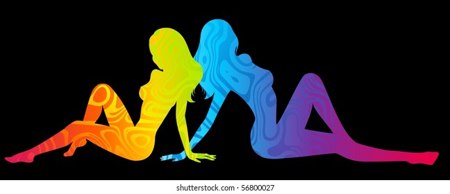 Bright silhouette of girls is isolated on a black background