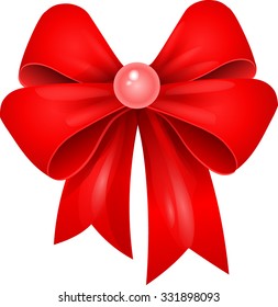 Bright silk red bow with a pink pearl isolated on white. Vector design element.