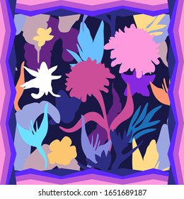 Bright silk scarf with plants and flowers. Print with bold botanical shapes. Summer textile design collection. Purple colors palette.