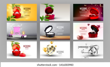 Bright Silver Rings In Box Set Landing Page Vector. Assortment Collection Of Design Jewelry Engagement Diamond And Traditional Classic Wedding Annulus Website Or Web Page. Realistic 3d Illustration