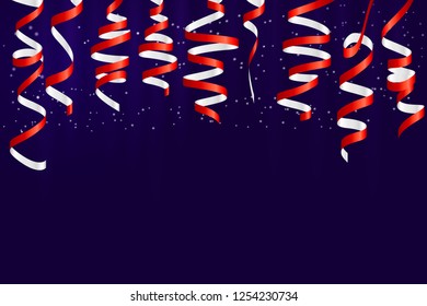 Bright silver Serpentine on deep blue background. Set of curly ribbons, festive decor elements for holiday, Christmas decoration, party, birthday, festive carnival, greeting cards. Vector illustration