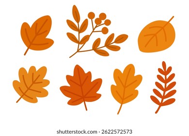 Bright and simple autumn leaves in warm colors. Flat cartoon foliage for seasonal design.