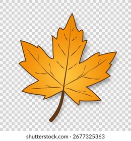 A bright, simple autumn maple leaf in yellow-orange color on a transparent background. Cartoon foliage for seasonal design. Vector illustration.