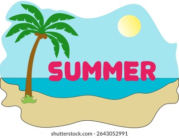 A bright and simple cartoon illustration featuring the bold pink word "SUMMER" set against a serene beach backdrop