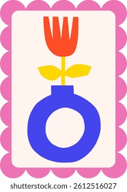 Bright simple flower in vase postage stamps. Floral in retro frame vector illustration