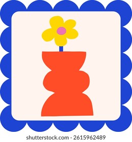 Bright simple flower in vase postage stamps. Floral in retro frame vector illustration