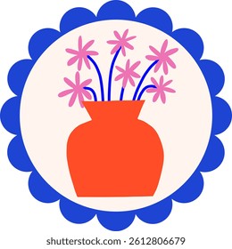 Bright simple flowers bouquet in vase postage stamps. Floral in retro round frame vector illustration