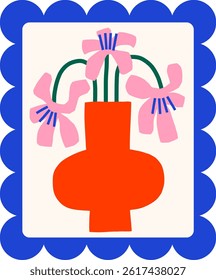 Bright simple flowers bouquet in vase postage stamps. Floral in retro frame vector illustration