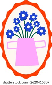 Bright simple flowers bouquet in vase postage stamps. Floral in retro frame vector illustration