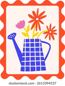Bright simple flowers bouquet in watering can postage stamps. Floral in retro frame vector illustration