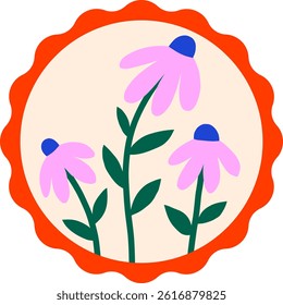 Bright simple flowers postage stamps. Floral in retro round frame vector illustration