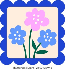 Bright simple flowers postage stamps. Floral in retro square frame vector illustration
