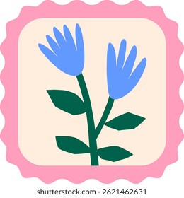 Bright simple flowers postage stamps. Floral in retro square frame vector illustration
