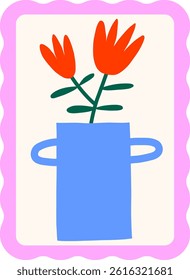 Bright simple flowers in vase postage stamps. Floral in retro frame vector illustration