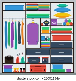 Bright simple graphic illustration with sliding-door wardrobe  in trendy flat style colors for use in design