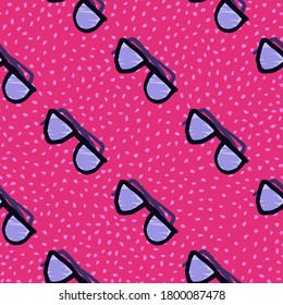 Bright simple hand drawn sunglasses ornament. Pink background with blue doodle elements. Perfect for wallpaper, textile, wrapping paper, fabric print. Vector illustration.