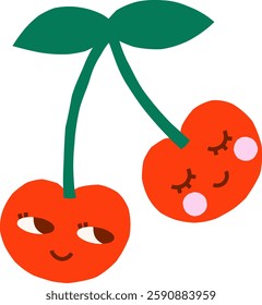 Bright simple isolated cherry vector illustration. Hand drawn groovy cherry character graphic