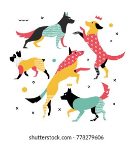 Bright, simple print of 5 dogs. Vector illustration can be used for printing on T-shirts.