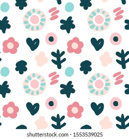 Bright and simple seamless pattern in scandinavian style. Hand drawn circles and fir branches.