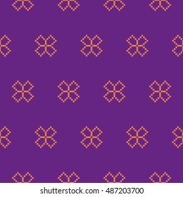 Bright simple seamless stitching orange floral pattern on a violet background. Pixel art. Vector illustration