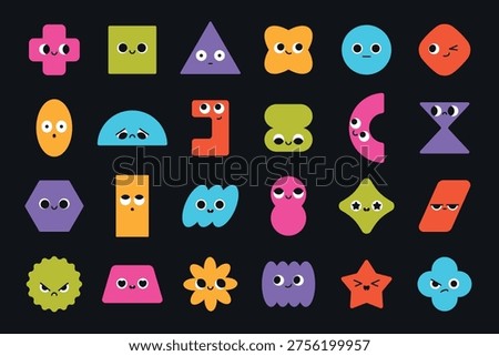 Bright simple shapes. Abstract geometric characters, funny smiling faces, different emotions expression or mood, cute design elements, childish stickers collection, classy vector cartoon isolated set