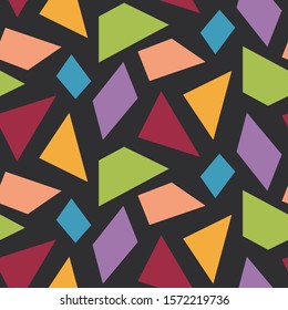 Bright simple shapes on black seamless repeat vector pattern swatch. Kaleidoscopic geo design for background or surface design or fashion. Simple geometric.