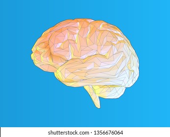 Bright simple stylized polygonal human brain illustration with triangulate line on blue background