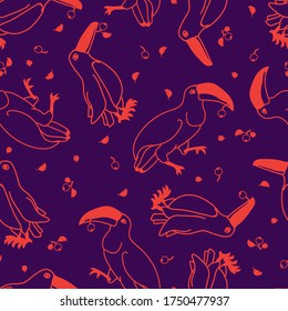Bright simple toucans on violet vector seamless pattern for decoration, wrapping paper, textile.