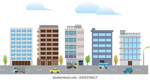 Helle einfache städtische Landschaft Hintergrund. Öffentliche Gewerbebauten im Stadtbild. Stadtlandschaft und Straße. Moderne Architektur. Vektor-Illustration

