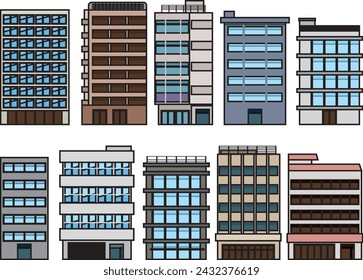 Fondo del paisaje urbano simple brillante. Edificios comerciales públicos en el paisaje urbano. Paisaje de la ciudad y calle. arquitectura moderna. ilustración vectorial
