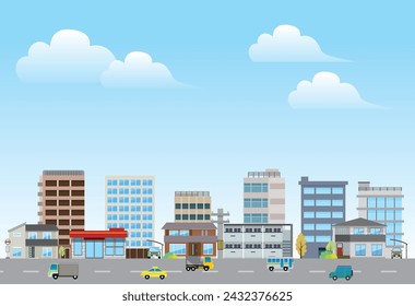 Fondo del paisaje urbano simple brillante. Edificios comerciales públicos en el paisaje urbano. Paisaje de la ciudad y calle. arquitectura moderna. ilustración vectorial

