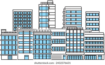 Fondo del paisaje urbano simple brillante. Edificios comerciales públicos en el paisaje urbano. Paisaje de la ciudad y calle. arquitectura moderna. ilustración vectorial
