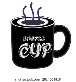 Bright and simple vector illustration of a black coffee cup emitting steam, perfect for food, beverage, or cafe-related projects.