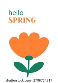 Bright and simple vector illustration depicting an orange flower with green leaves, featured alongside the text "hello SPRING". Ideal for seasonal greetings and design projects.