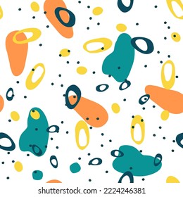 Bright Simple Vector Seamless Pattern. Motley Shapes Freehand Paint. Memphis Brush Element Ornament. Artist Shape Texture.