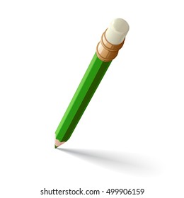 The bright six-sided green pencil with eraser casting a shadow on a white background