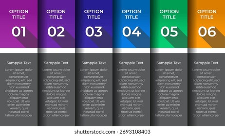 Infográfico brilhante de seis etapas com painéis coloridos para negócios, processos ou apresentações.