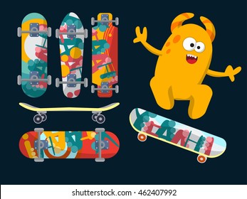 Bright skateboard on a dark background with a yellow monster. Vector illustration