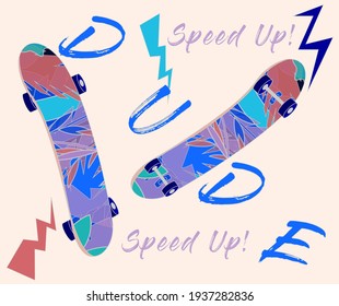 Bright skateboards, punk vector illustration. Graffiti stylized pattern with skateboards and words
