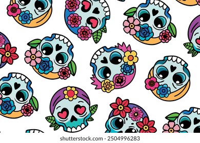 Bright skulls and flowers pattern with a playful twist, web backgrounds, fabric designs, party decor, Dia de los Muertos. Seamless vector design, vibrant and cheerful color scheme