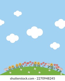 Luminoso fondo del cielo con flores en la colina
